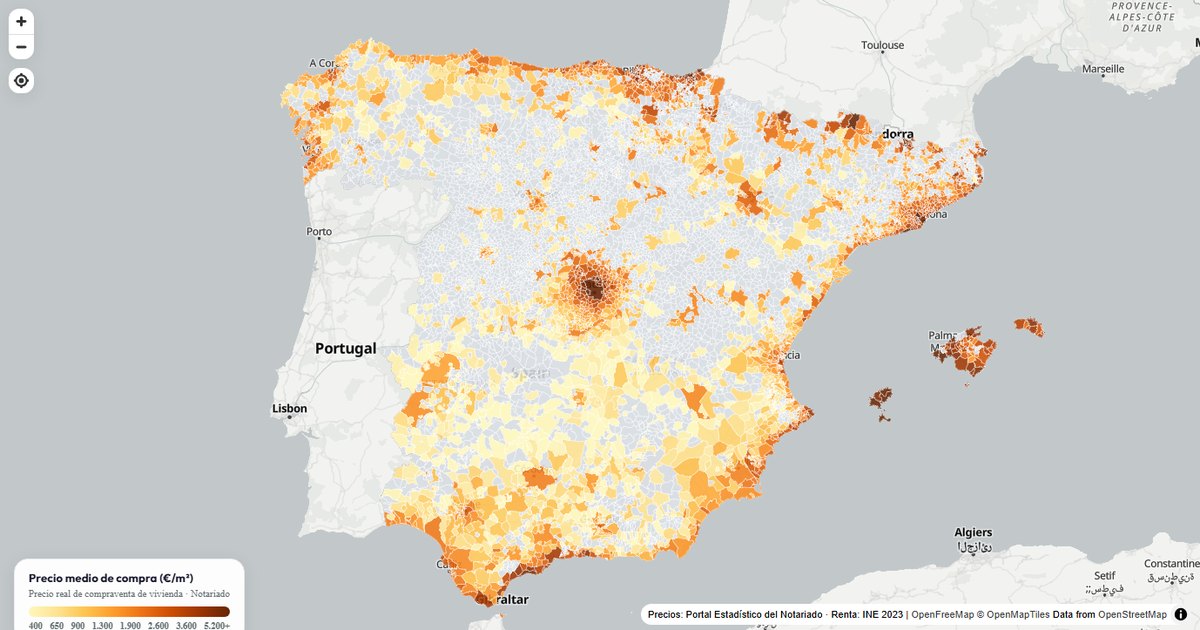 Mapa del precio medio del m² de compra de la vivienda en España por municipios, barrios y códigos postales, con datos del Notariado