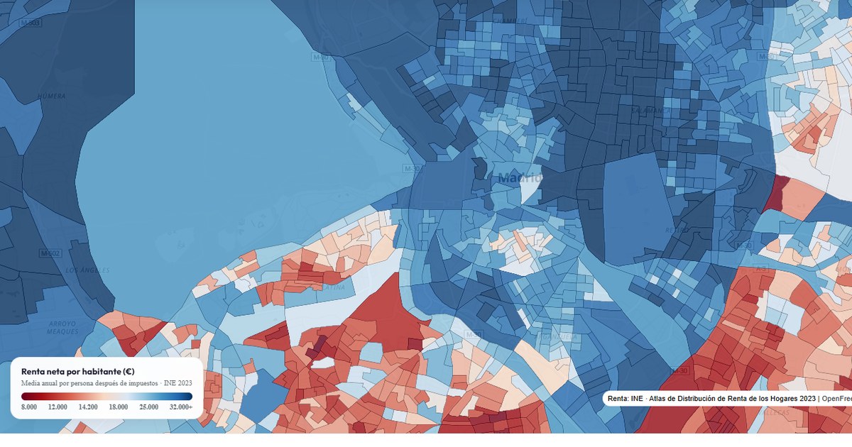 Mapa de la renta neta por habitante en Espa&ntilde;a por barrios y secciones censales, con datos del INE 2023